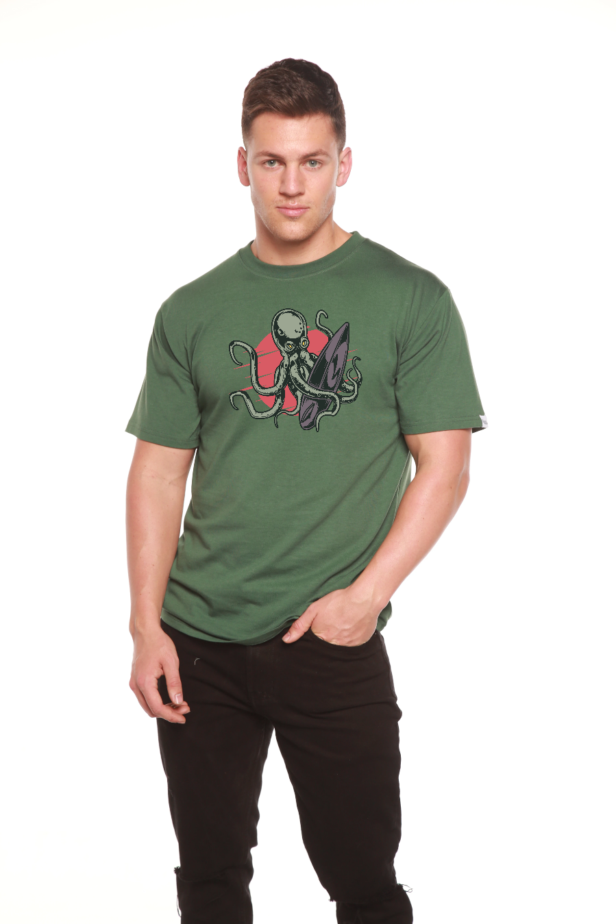 Octopus graphic men's short sleeve tee in green by Spun Bamboo viscose/organic cotton on Tampa Home & Garden Store