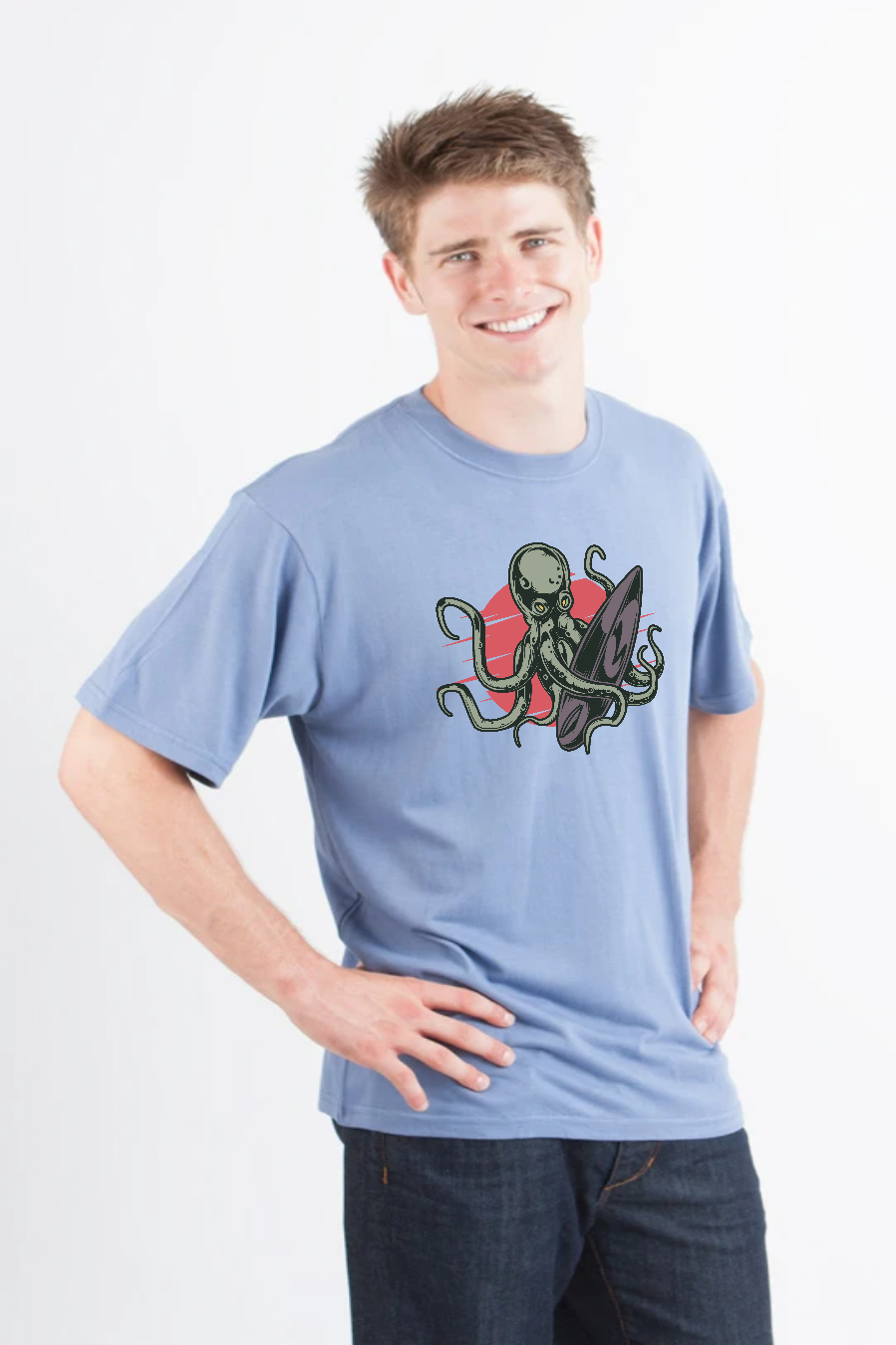 Spun Bamboo Octopus graphic bamboo men's T-shirt in light blue with surfboard and red sun print on Tampa Home & Garden Store