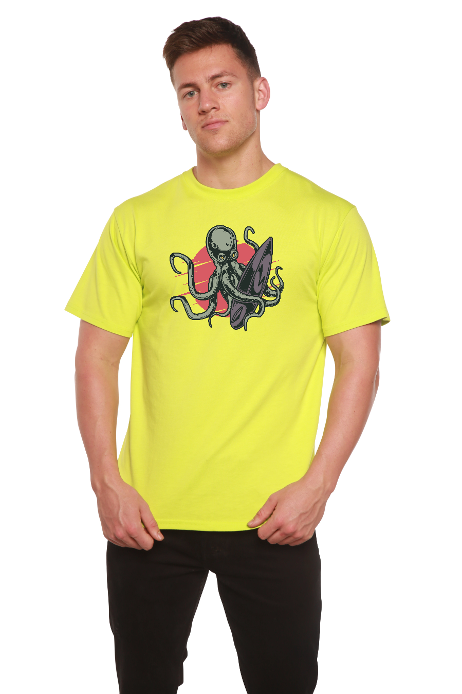 Octopus graphic T-shirt for men neon yellow bamboo viscose/organic cotton Spun Bamboo shirt on Tampa Home & Garden Store