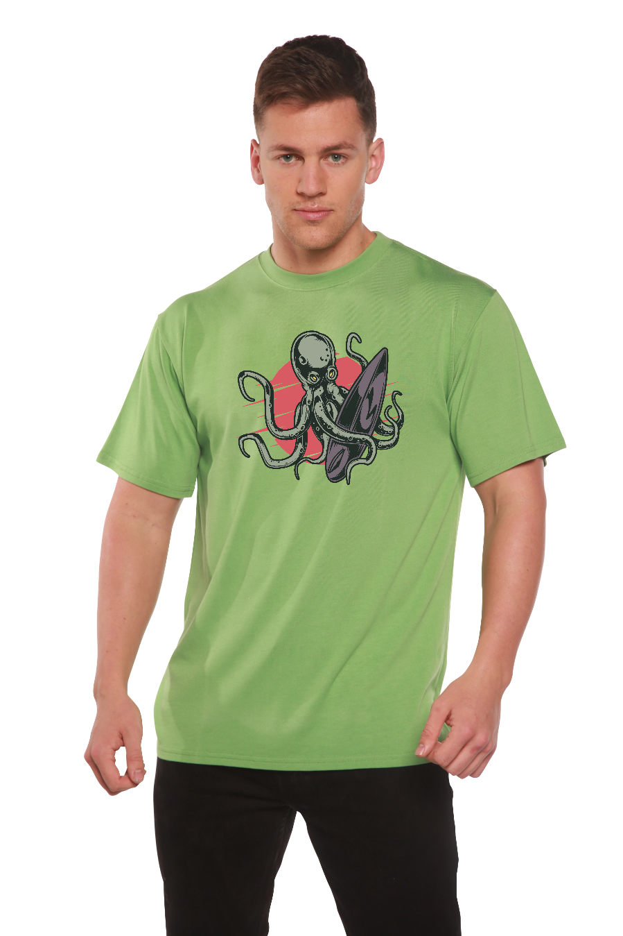 Octopus men's sleeve tee in lime green bamboo viscose organic cotton blend with surfboard on Tampa Home & Garden Store