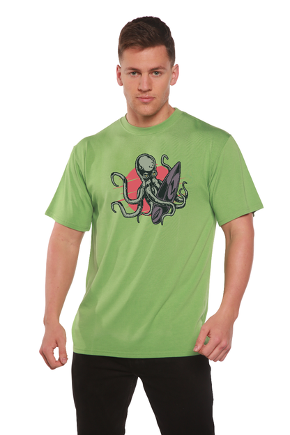 Octopus men's sleeve tee in lime green bamboo viscose organic cotton blend with surfboard on Tampa Home & Garden Store