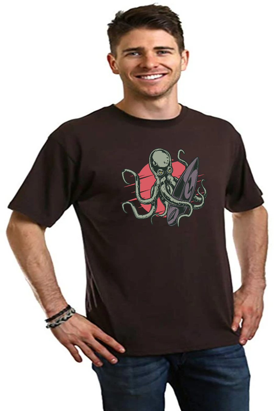 Octopus graphic men's short sleeve T-shirt brown bamboo viscose/organic cotton blend Spun Bamboo on Tampa Home & Garden Store