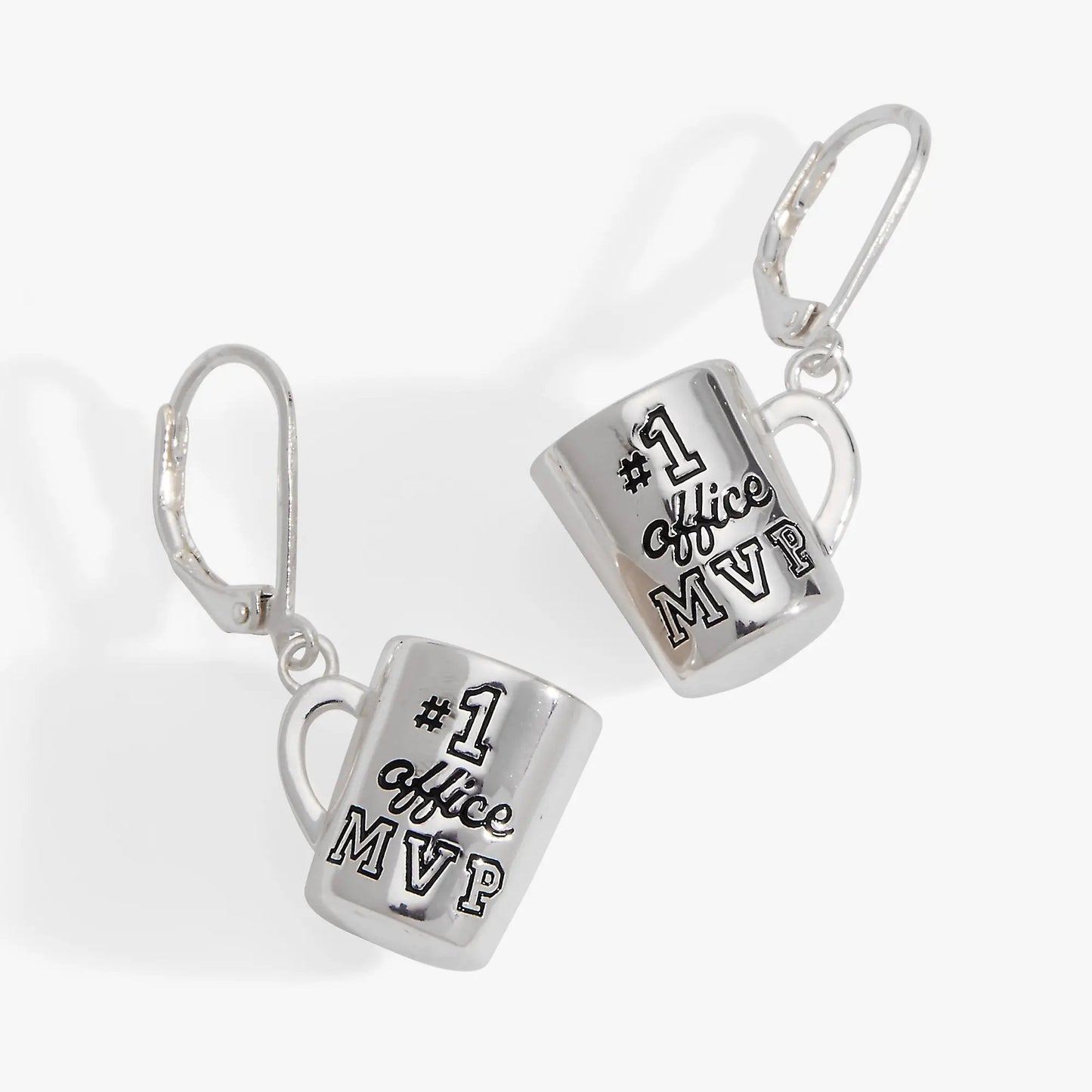 Earrings three white mug charms with #1 Office MVP text, silver hooks, by ALEX AND ANI on Tampa Home & Garden Store