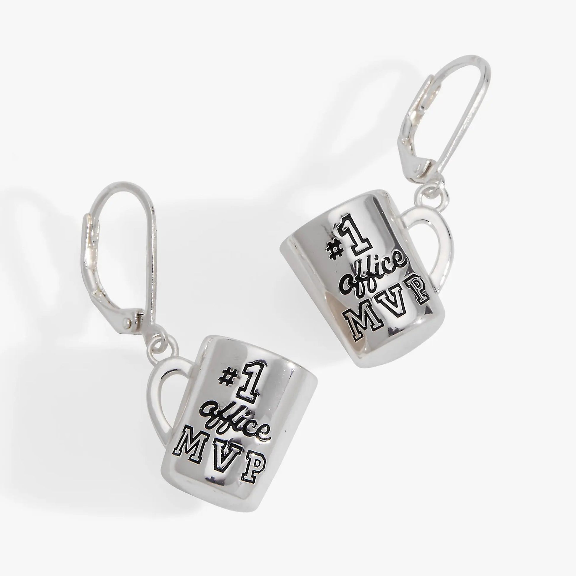 Earrings three white mug charms with #1 Office MVP text, silver hooks, by ALEX AND ANI on Tampa Home & Garden Store