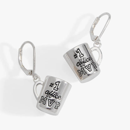 Earrings three white mug charms with #1 Office MVP text, silver hooks, by ALEX AND ANI on Tampa Home & Garden Store
