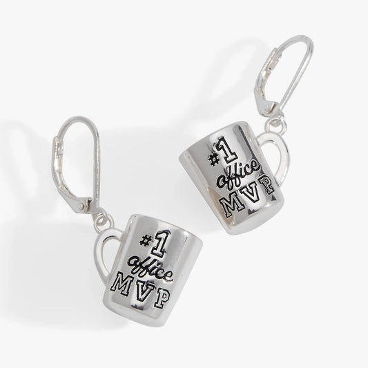 Earrings three white mug charms with #1 Office MVP text, silver hooks, by ALEX AND ANI on Tampa Home & Garden Store