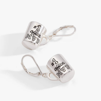 Office MVP mug earrings in silver-tone metal with #1 Office MVP engraving on Tampa Home & Garden Store