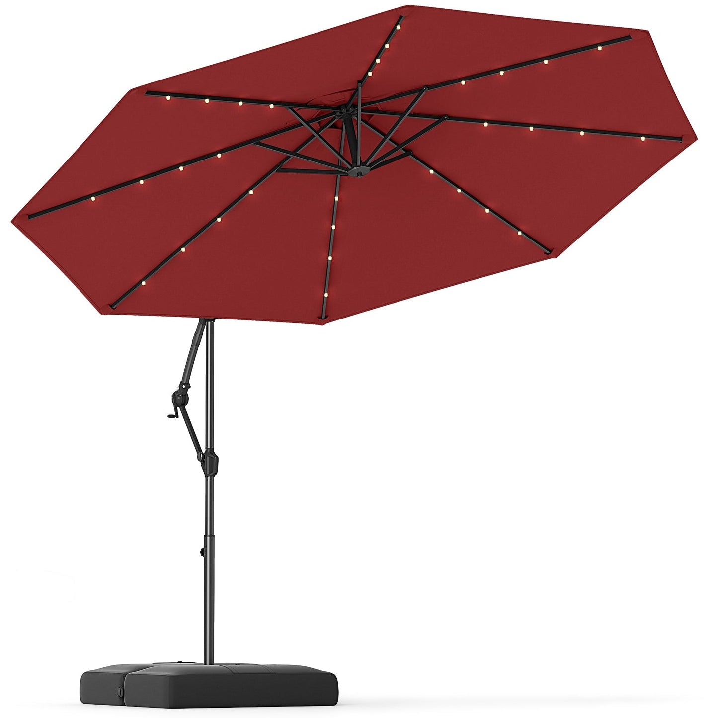 Sombrilla colgante solar de 10 pies con base y 32 luces LED - Color vino