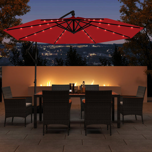 Sombrilla colgante solar de 10 pies con base y 32 luces LED - Color vino