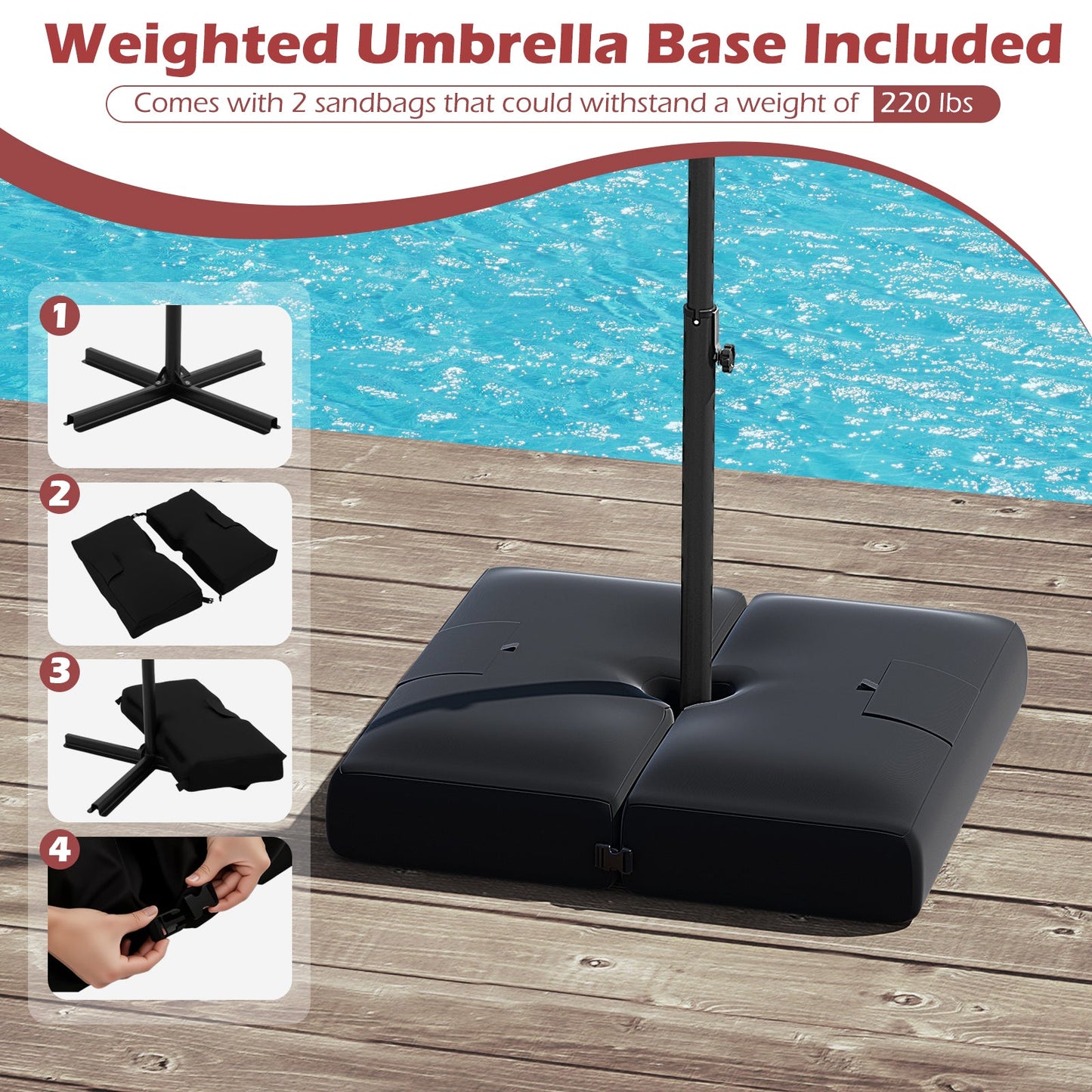 Sombrilla colgante solar de 10 pies con base y 32 luces LED - Color vino