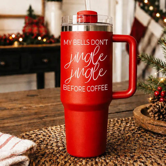 Jingle Jingle 40oz travel mug red stainless steel tumbler by Gia Roma with bold white script on Tampa Home & Garden Store