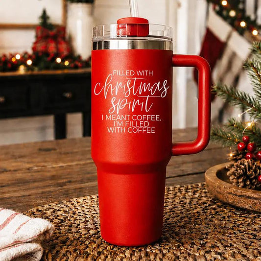 Gia Roma Christmas Spirit 40oz red travel mug with handle and clear lid on Tampa Home & Garden Store