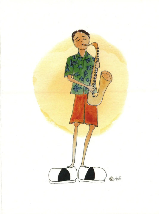 Andis Sax birthday greeting card cartoon of a saxophonist in green Hawaiian shirt playing a sax on Tampa Home & Garden Store