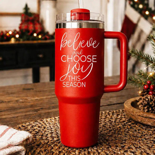 Gia Roma Believe + Joy 40oz travel tumbler red with white script on Tampa Home & Garden Store
