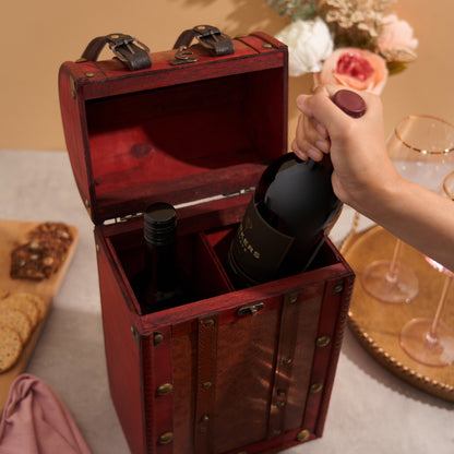 2 Bottle Antique Wooden Wine Box red finish with leather straps and brass hardware Twine Living on Tampa Home & Garden Store