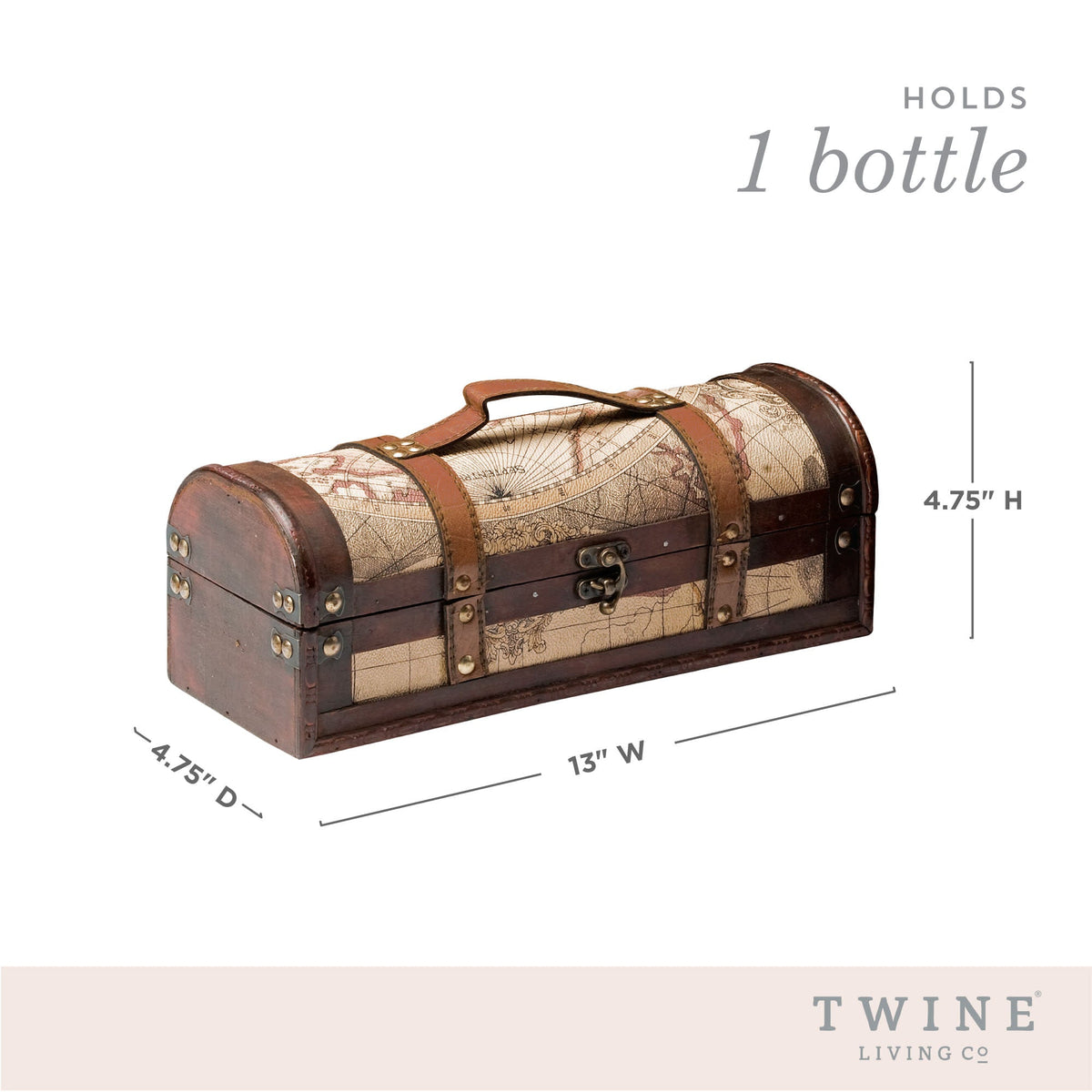 1 Bottle Old World Wooden Wine Box by Twine Living, brown map-print wood chest on Tampa Home & Garden Store