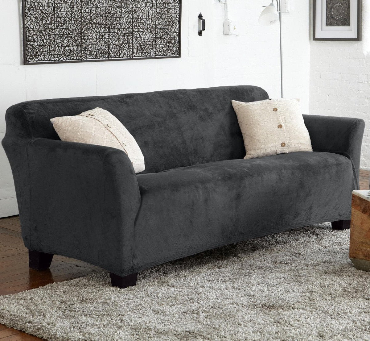 Velvet Stretch Slipcover Gale Collection for charcoal gray sofa Great Bay Home on Tampa Home & Garden Store