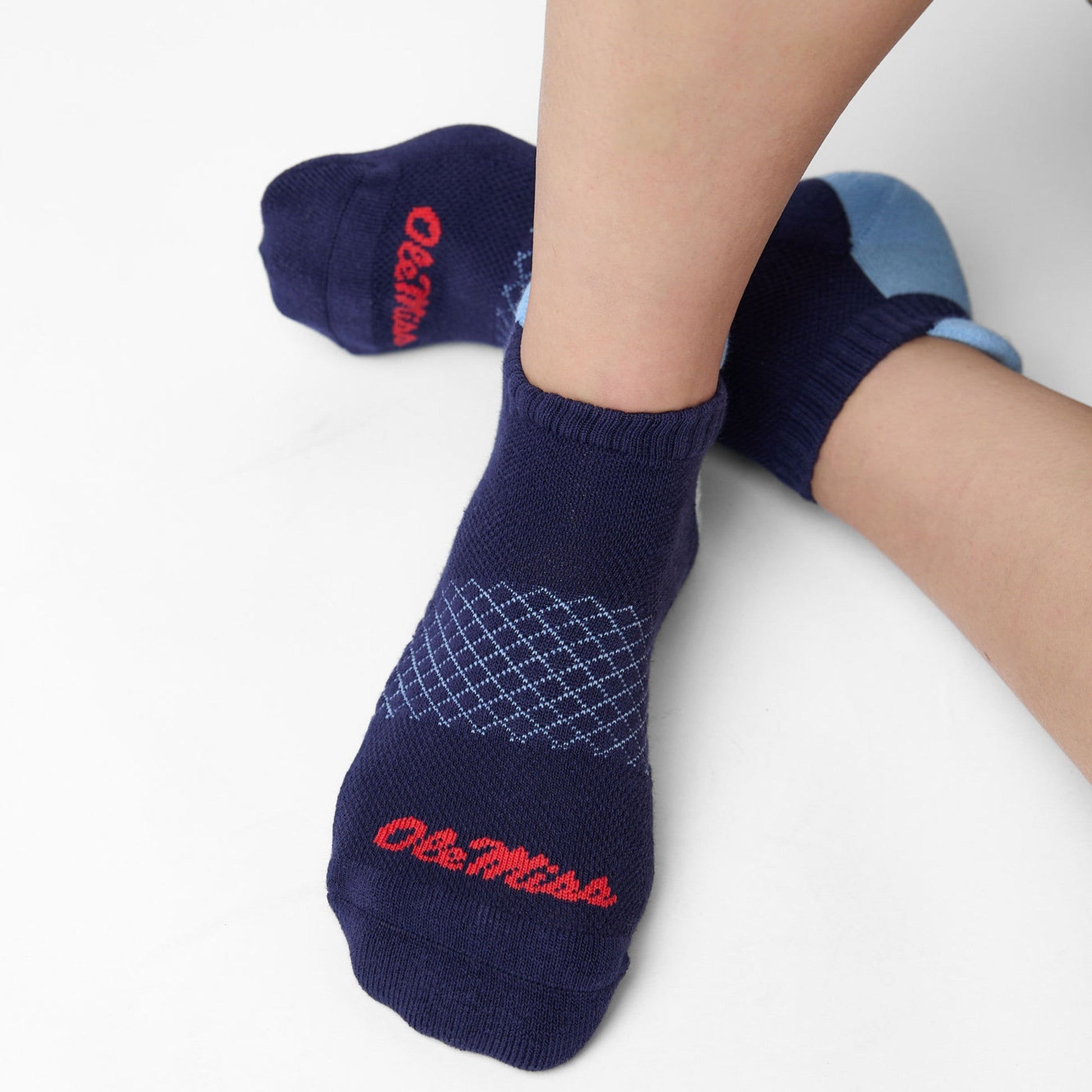 Ole Miss ankle socks 2-pack by DeadSoxy navy blue with red logo and subtle knit pattern on Tampa Home & Garden Store