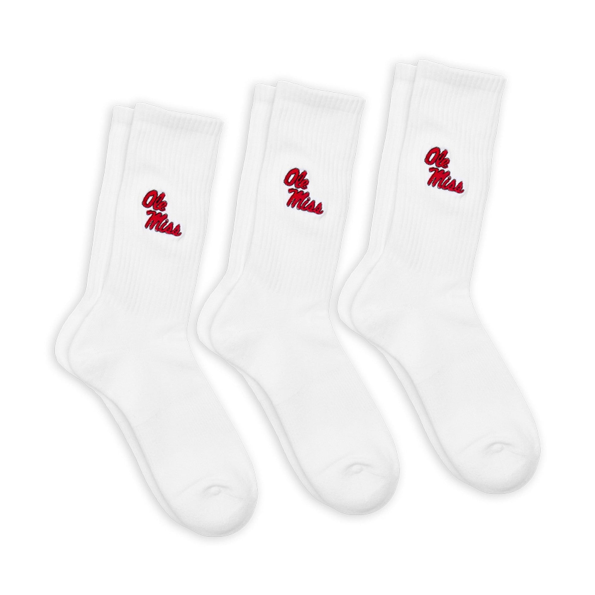DeadSoxy Ole Miss Campus Crew Socks 3-pack, white ribbed crew socks with red Ole Miss logo on Tampa Home & Garden Store