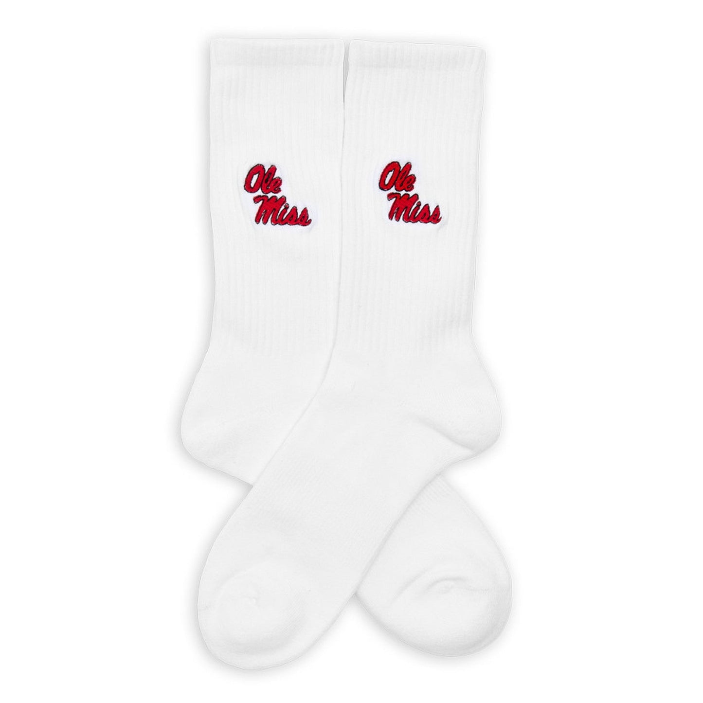 Ole Miss Campus Crew Socks 2 white socks with red Ole Miss embroidery on ankle on Tampa Home & Garden Store