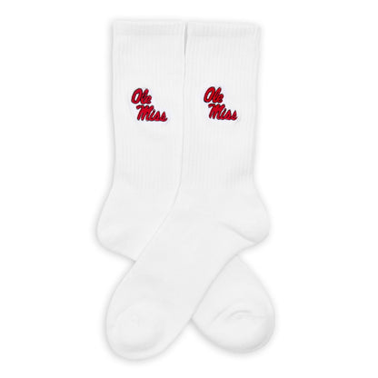 Ole Miss Campus Crew Socks 2 white socks with red Ole Miss embroidery on ankle on Tampa Home & Garden Store