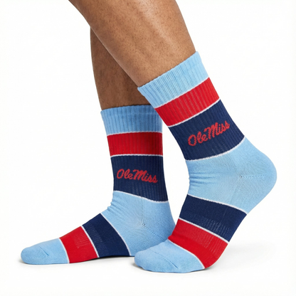 Ole Miss powder wide stripe crew socks DeadSoxy licensed college in blue with red stripes on Tampa Home & Garden Store