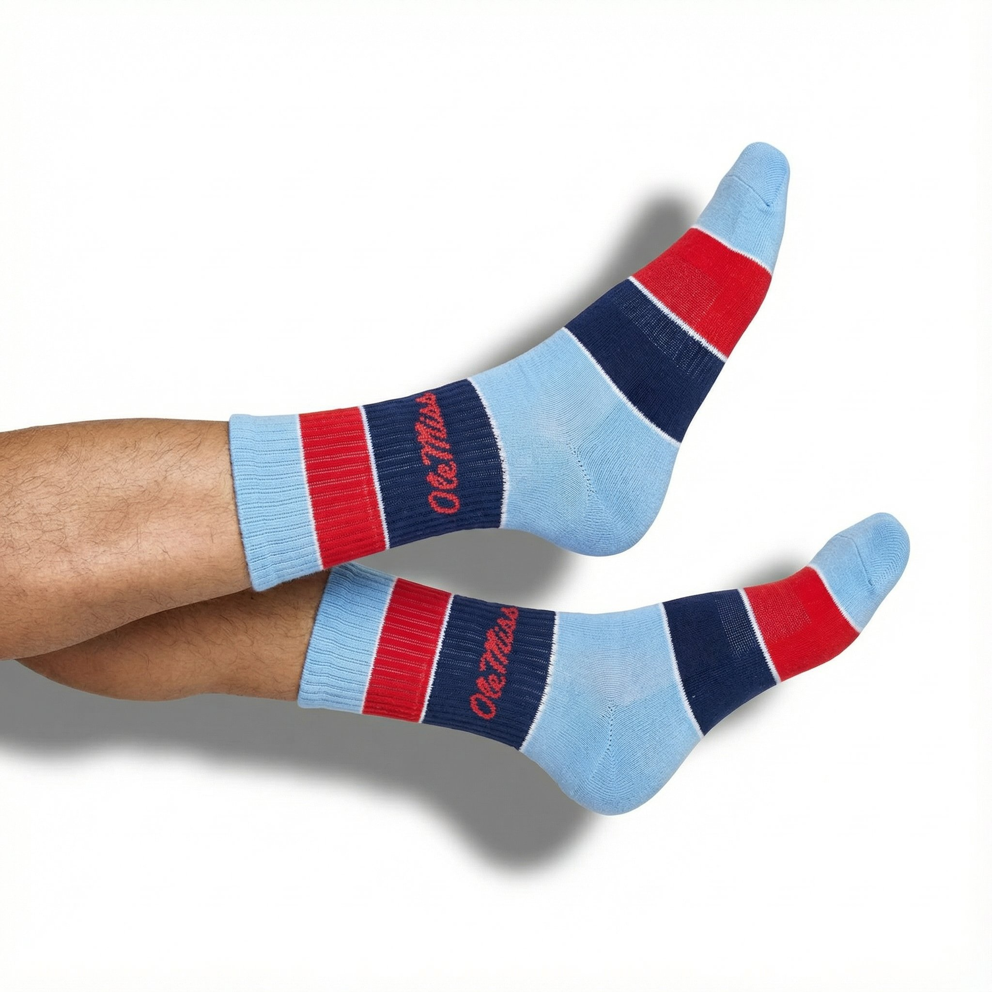 Ole Miss powder wide stripe casual crew socks by DeadSoxy, light blue with red and navy bands on Tampa Home & Garden Store