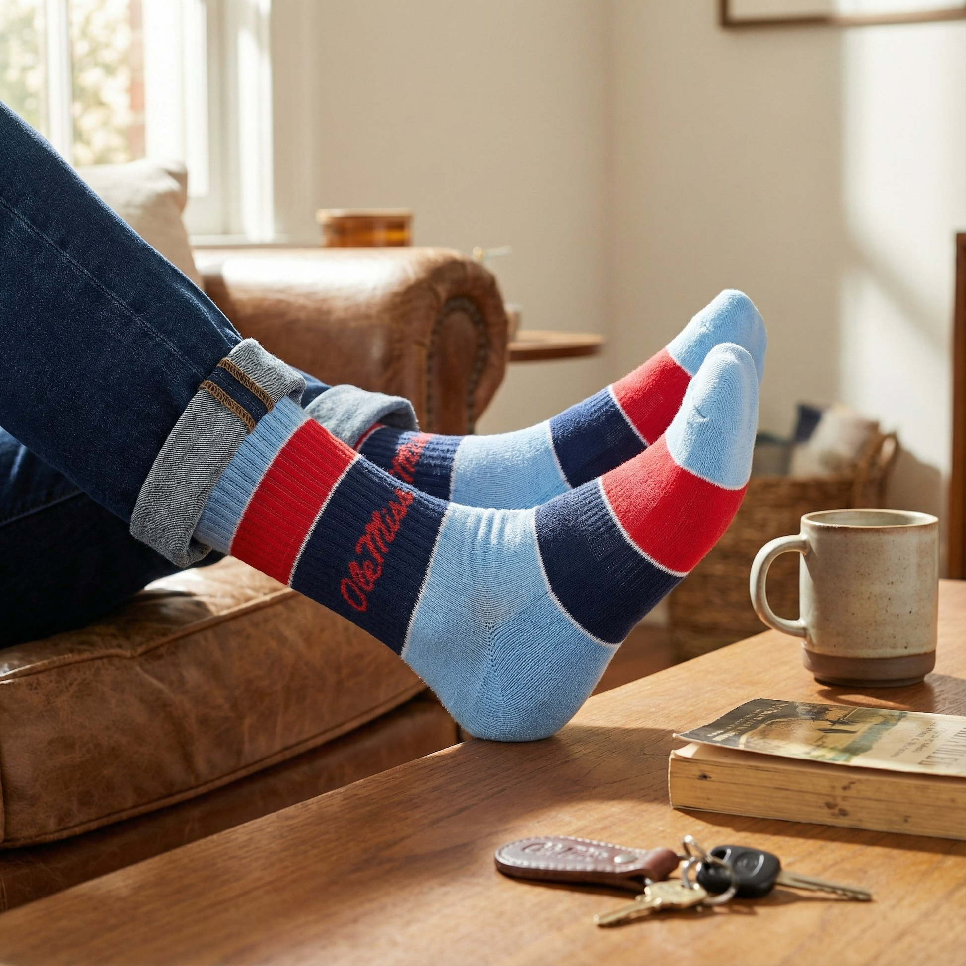 DeadSoxy Ole Miss Powder Wide Stripe Casual Crew Socks blue red varsity stripes on Tampa Home & Garden Store