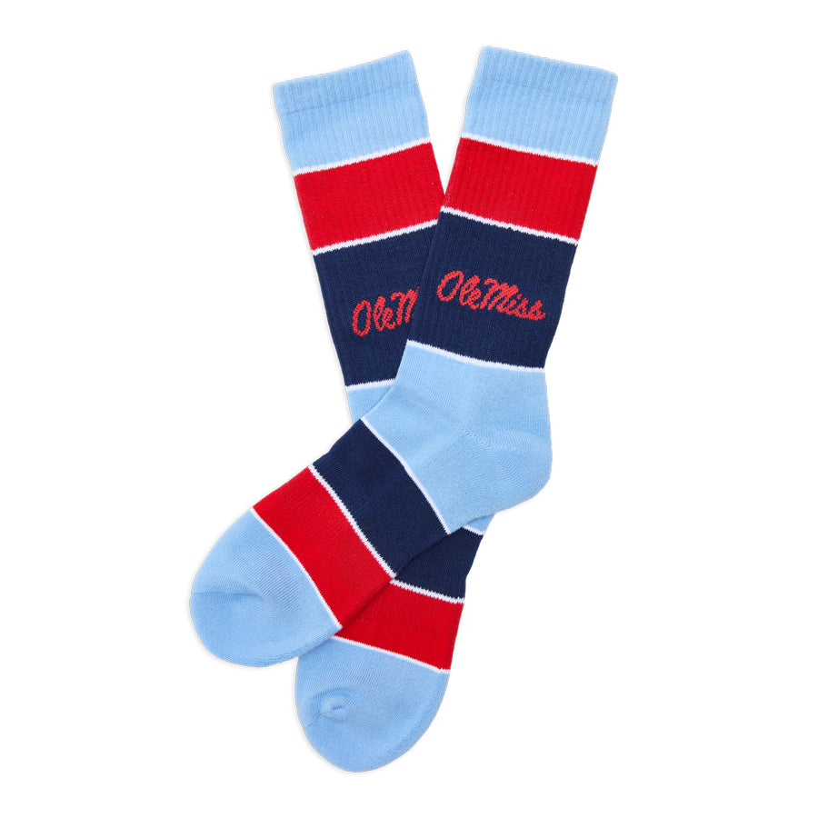 Ole Miss Powder Wide Stripe Casual Crew Socks DeadSoxy navy blue red stripes on Tampa Home & Garden Store