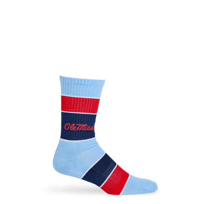 Ole Miss Wide Stripe Casual Crew socks by DeadSoxy in light blue with red and navy stripes on Tampa Home & Garden Store