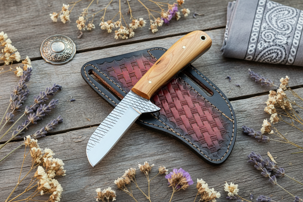 Bull Cutter Knife with olivewood handle and leather sheath 7.5in rasp blade Frontier Cowboy Gear on Tampa Home & Garden Store