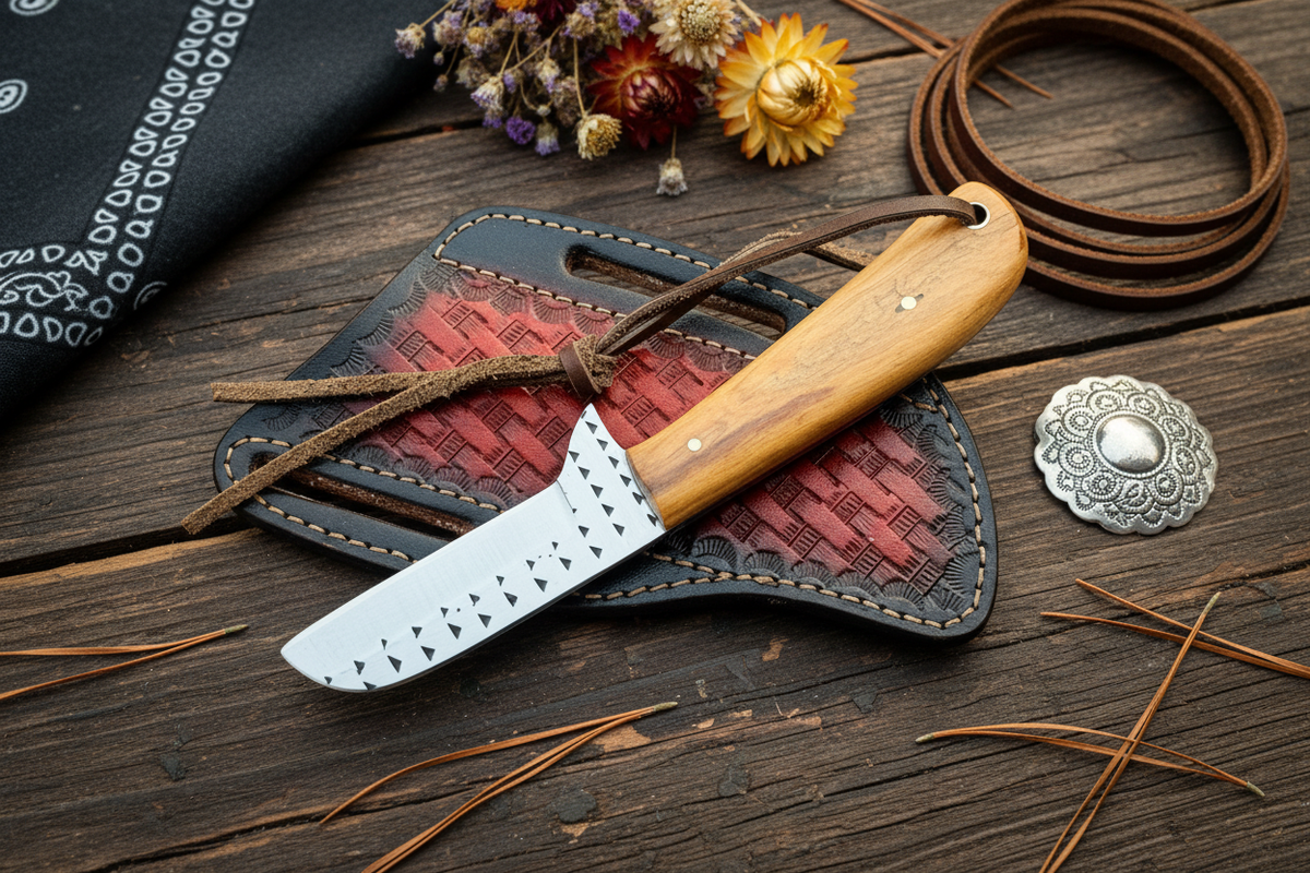 Bull Cutter Knife Frontier Cowboy Gear olivewood handle, rasp steel blade, leather sheath 7.5in on Tampa Home & Garden Store