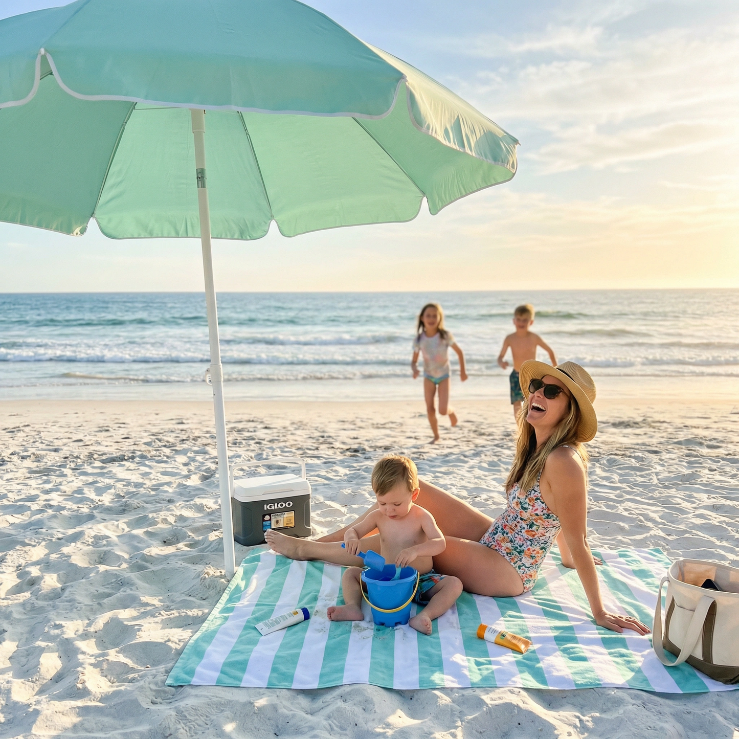 The Coastline Beach Towel aqua and white striped on sandy beach with kids and a cooler nearby on Tampa Home & Garden Store