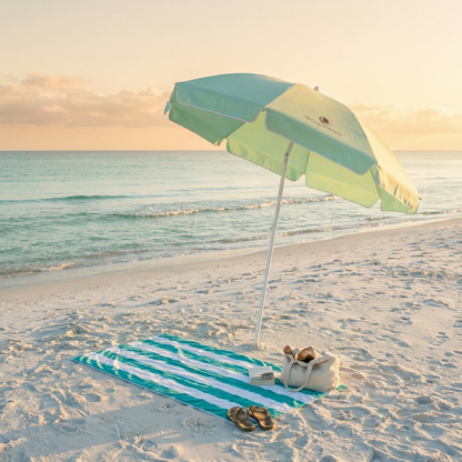 The Coastline Beach Towel teal and white striped on sunny beach with tote bag nearby on Tampa Home & Garden Store