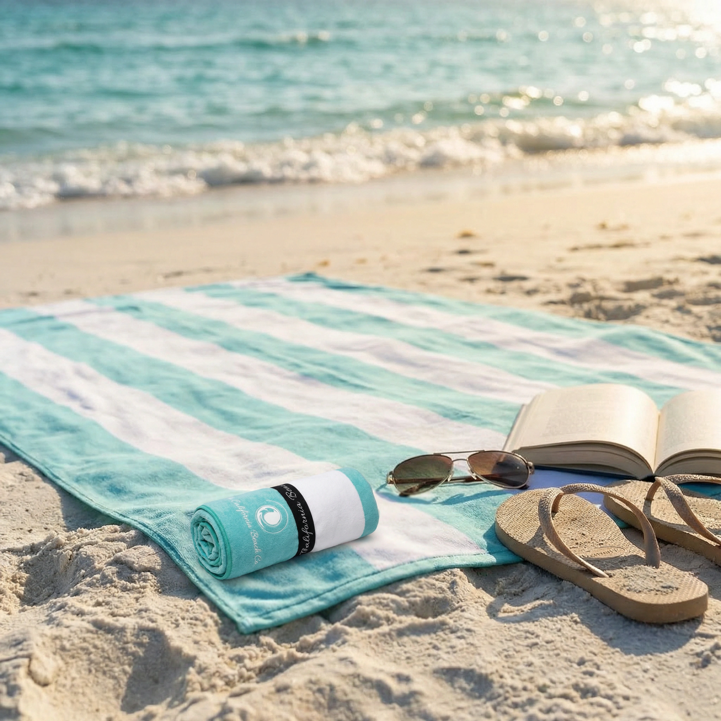 The Coastline Beach Towel turquoise and white striped on sandy beach with sunglasses and book on Tampa Home & Garden Store