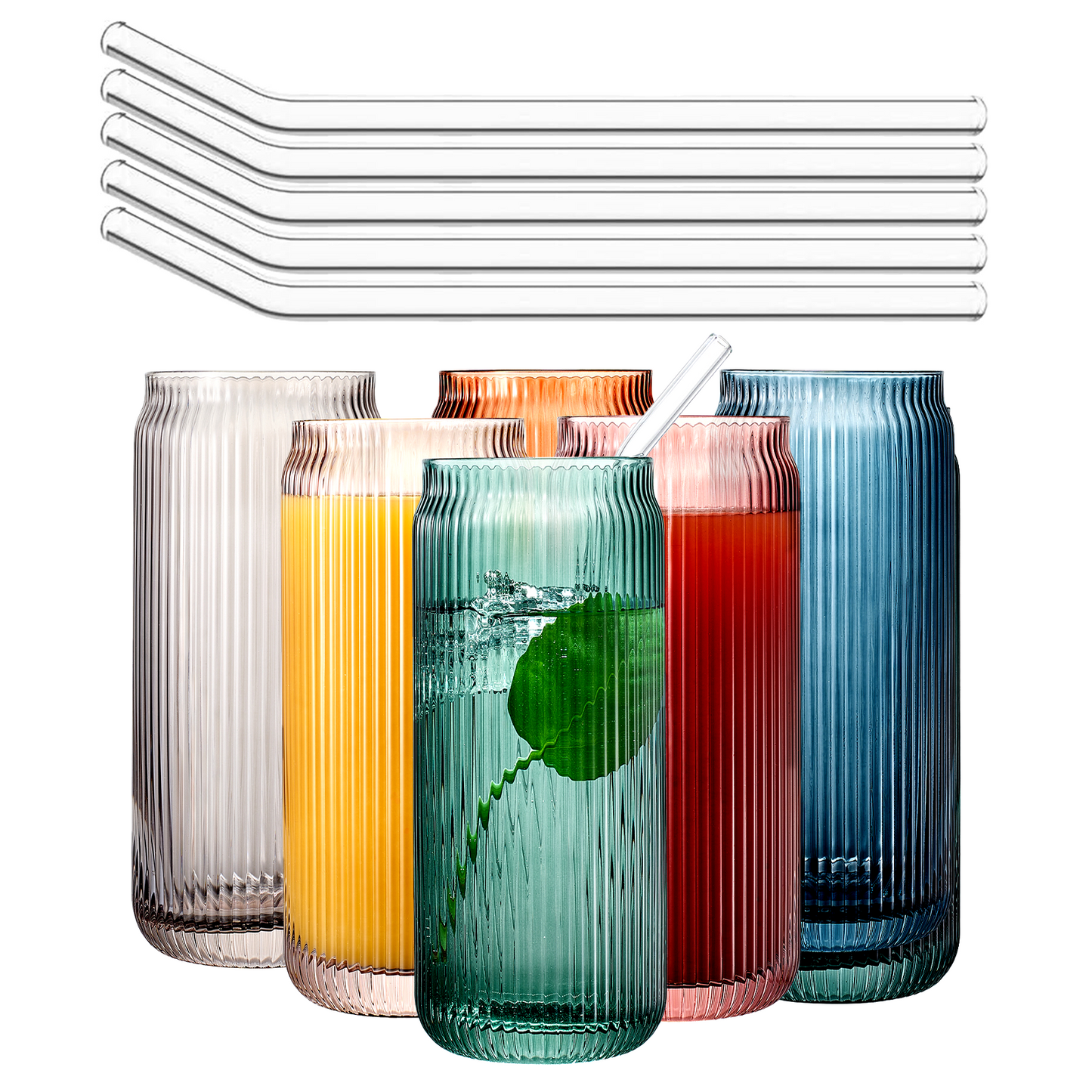 Tonal Ribbed Soda Can Glass and 6 Straws Set Of 6