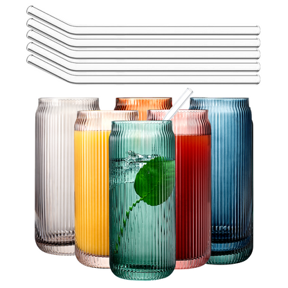 Tonal Ribbed Soda Can Glass and 6 Straws Set Of 6