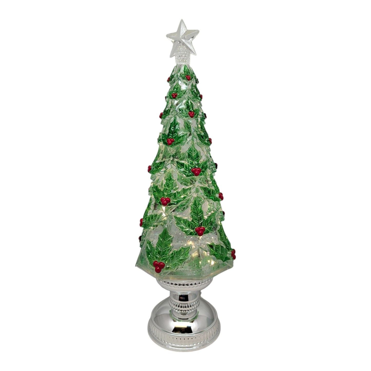 Lighted spinning waterglobe Christmas Tree 16in with clear star topper and green berries on Tampa Home & Garden Store