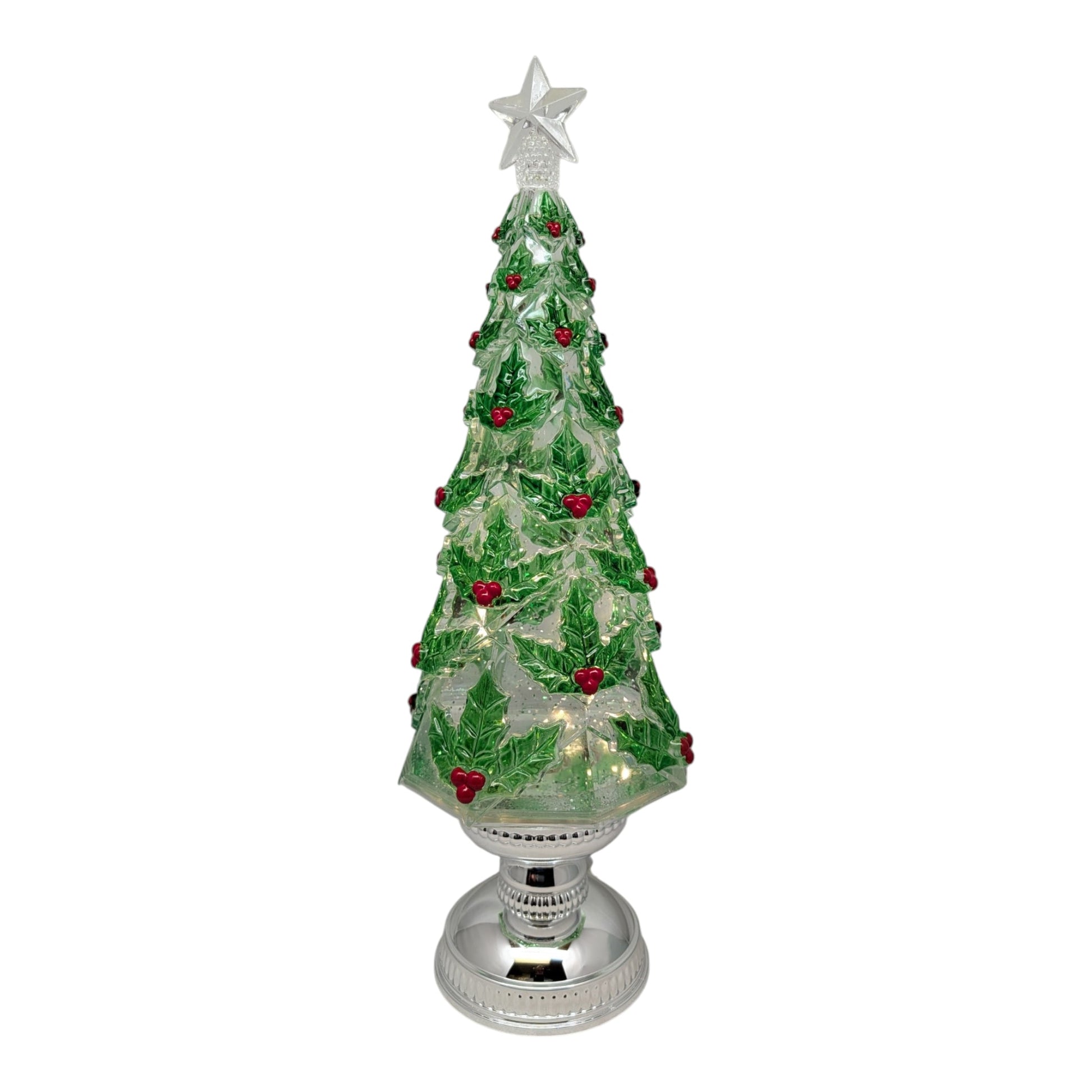 Lighted spinning waterglobe Christmas Tree 16in with clear star topper and green berries on Tampa Home & Garden Store