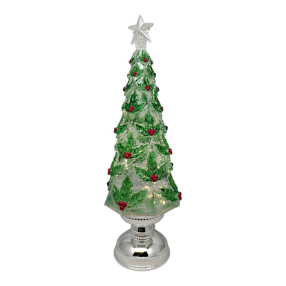 Lighted spinning waterglobe Christmas Tree 16in with clear star topper and green berries on Tampa Home & Garden Store