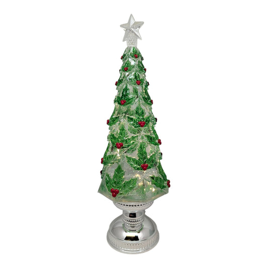 Lighted spinning waterglobe Christmas Tree 16in with clear star topper and green berries on Tampa Home & Garden Store
