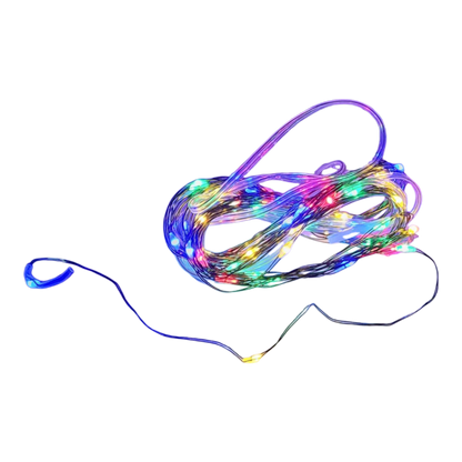 Guirnalda de luces LED multicolor con cable verde y 50 luces a batería