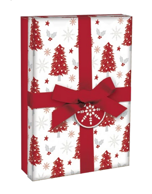Rectangular gift box with red ribbon and festive white wrap featuring red Christmas trees on Tampa Home & Garden Store
