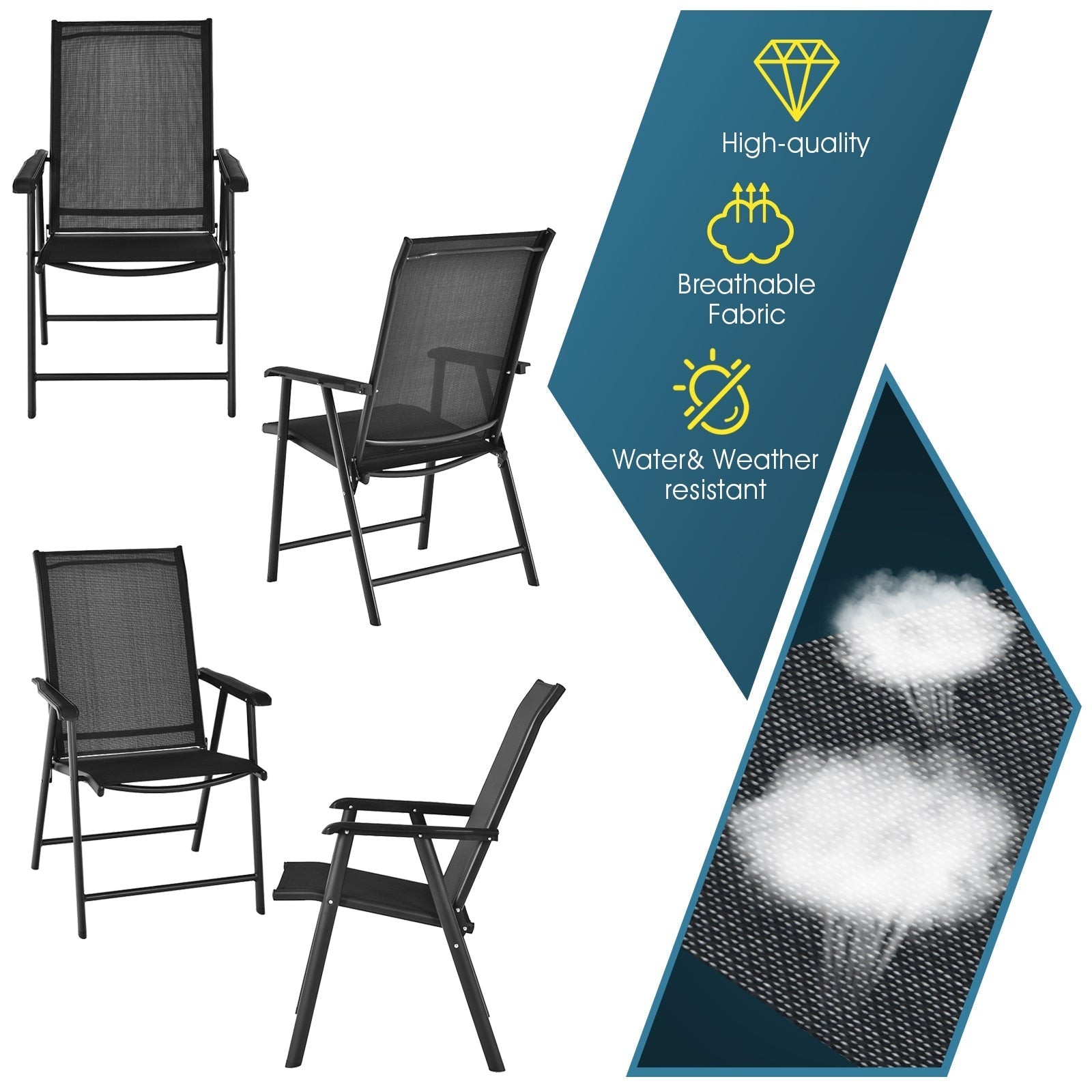GemGear 4-pack patio folding chairs with black mesh seats and backs for outdoor use on Tampa Home & Garden Store