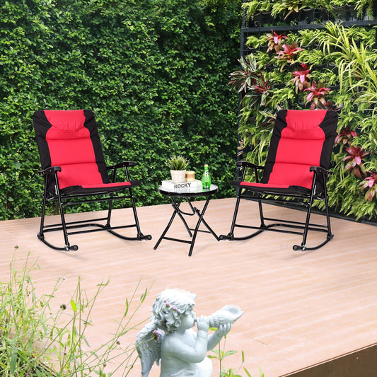 3 Pcs Outdoor Folding Rocking Chair Table Set with Cushion-Black&Red - Tampa Home & Garden Store