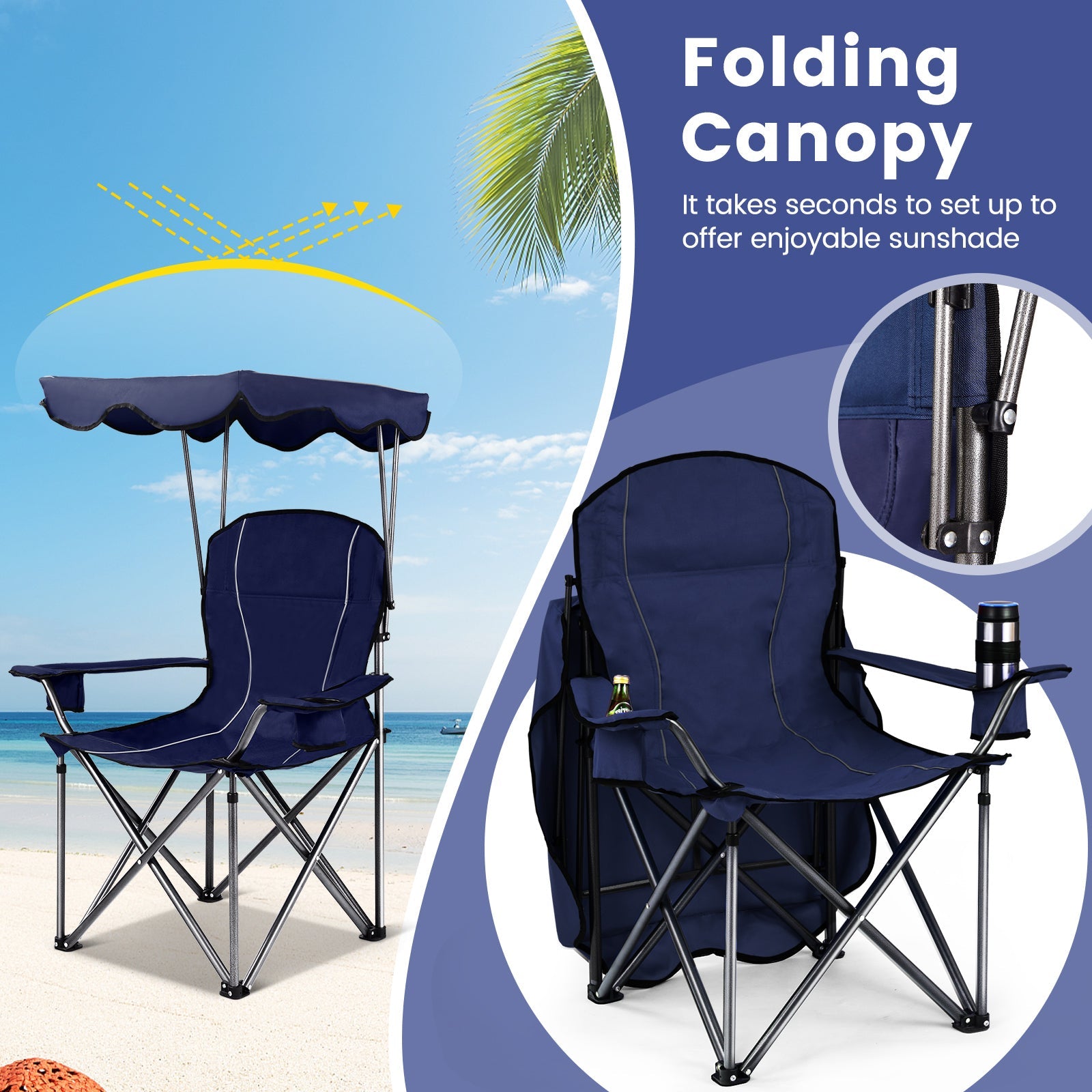 GemGear portable folding beach canopy chair with cup holders navy blue on Tampa Home & Garden Store
