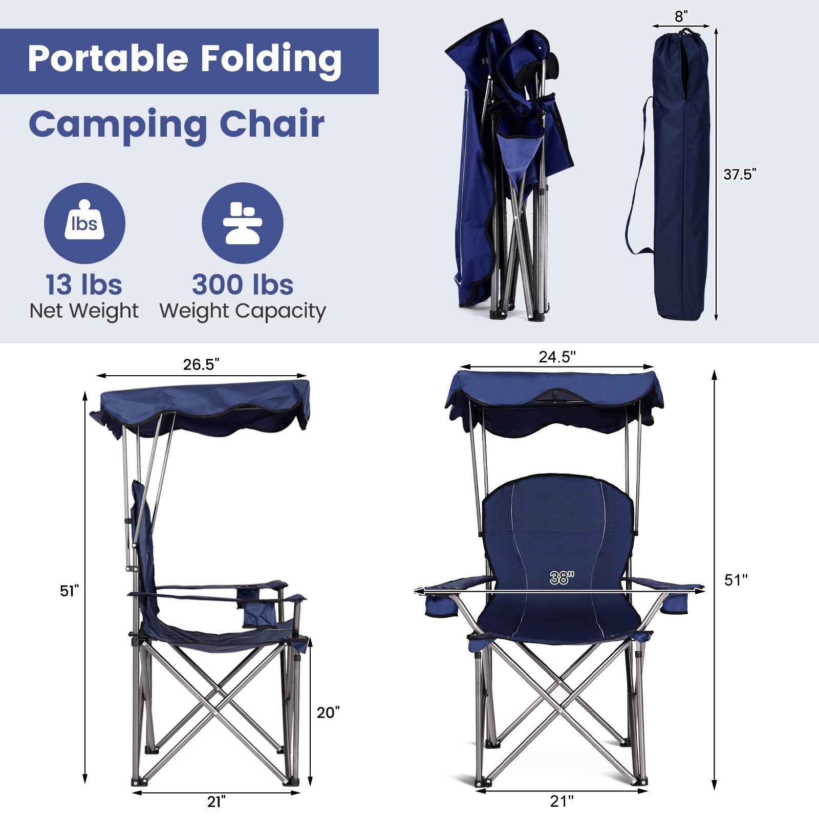 GemGear portable folding beach canopy chair with cup holders blue fabric on Tampa Home & Garden Store