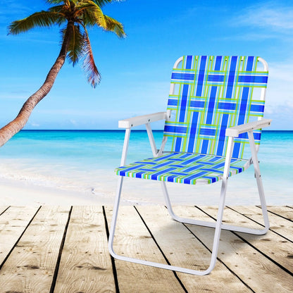 GemGear folding beach chair with blue and green striped webbing on white metal frame on Tampa Home & Garden Store