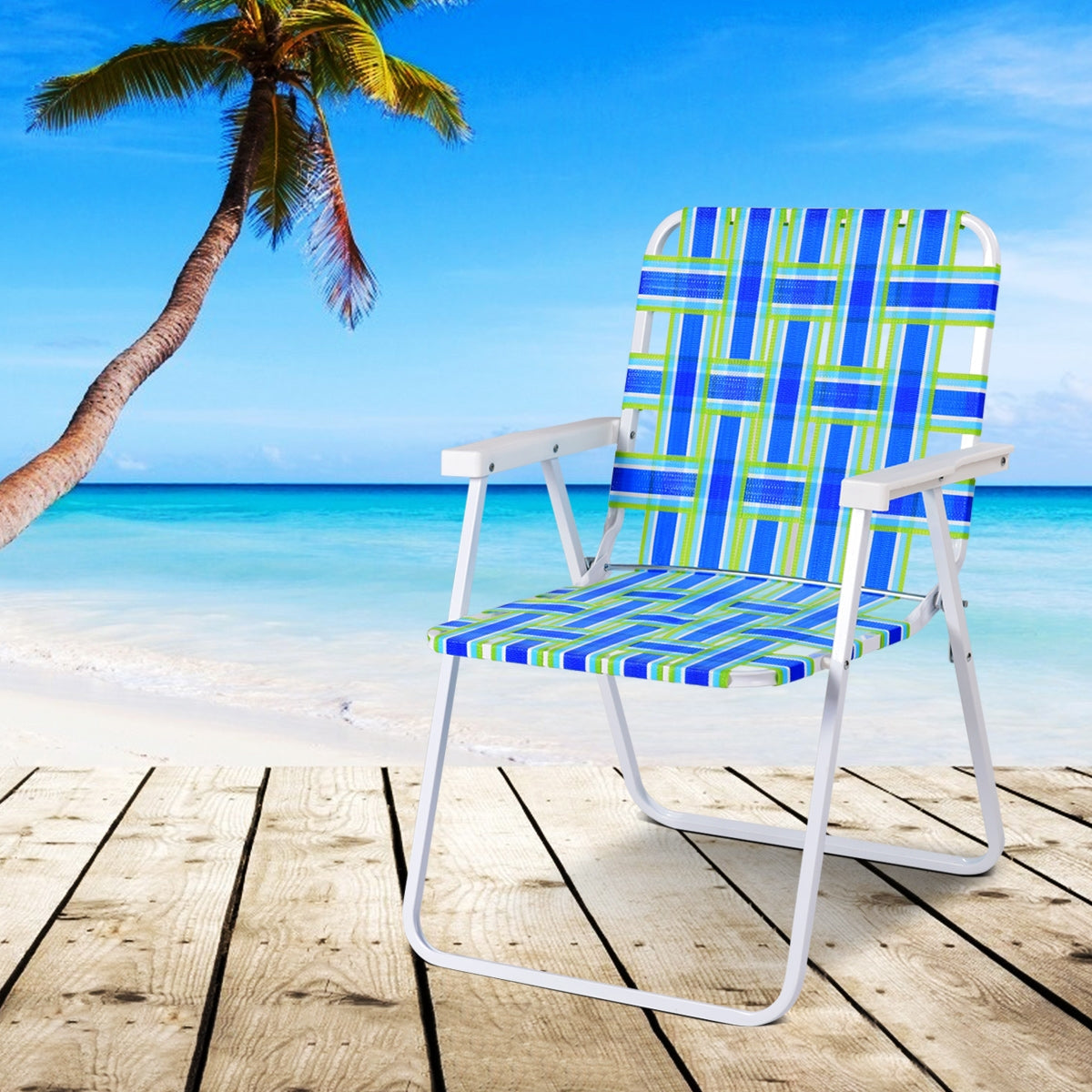 GemGear folding beach chair with blue and green striped webbing on white frame, sunny seaside deck on Tampa Home & Garden Store