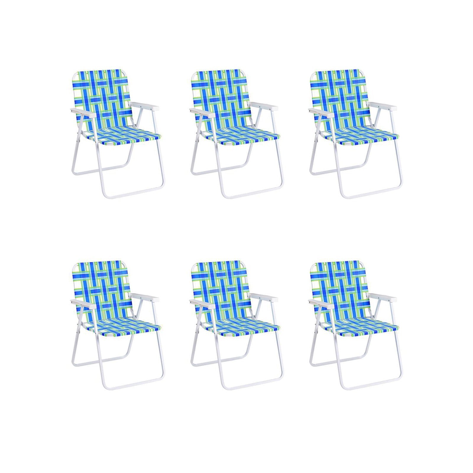GemGear 6-piece folding beach chair set with blue-green striped webbing and white frames on Tampa Home & Garden Store